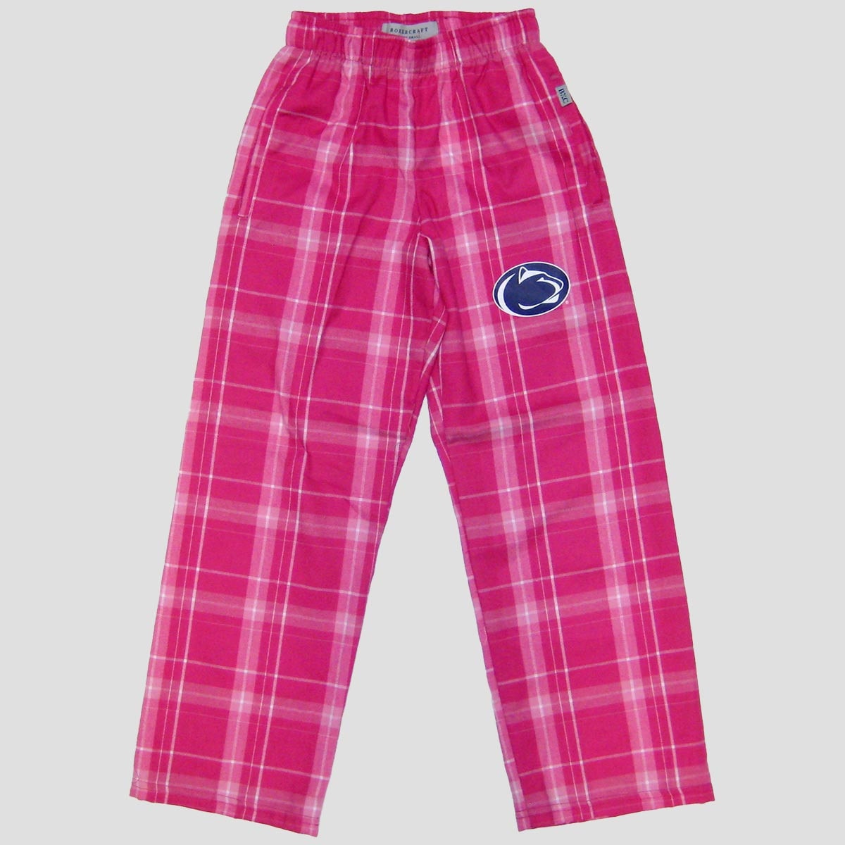 youth pink plaid flannel pants with Penn State Athletic Logo on left thigh